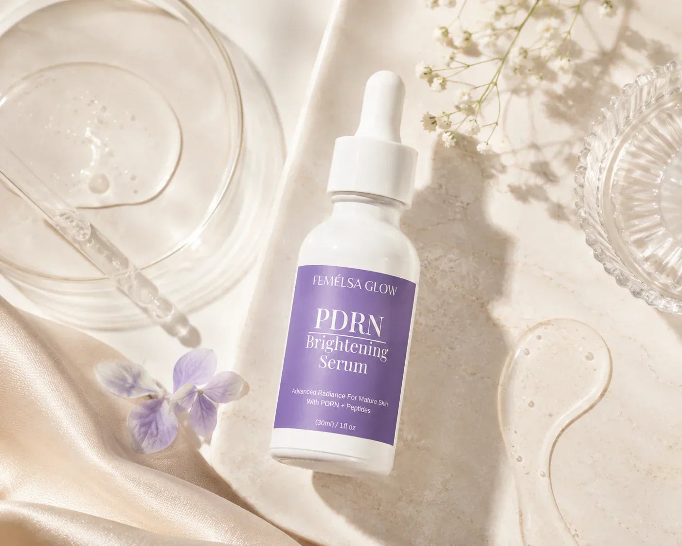 FEMELSA Glow PDRN Brightening Serum displayed in a luxury skincare flat lay with serum textures, glass dropper, soft beige tones, and clean Korean skincare aesthetic.