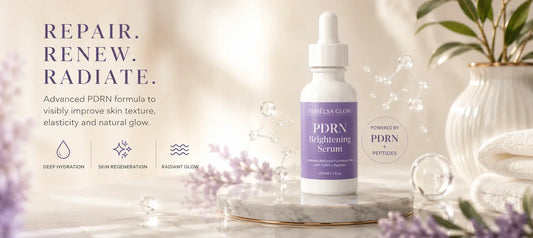 PDRN serum displayed on a luxury marble pedestal with hydration and skin renewal elements, showcasing a premium skincare formula for radiant and healthier looking skin.