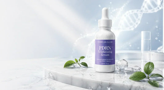 Luxury PDRN serum skincare banner showing skin regeneration and glowing hydration concept