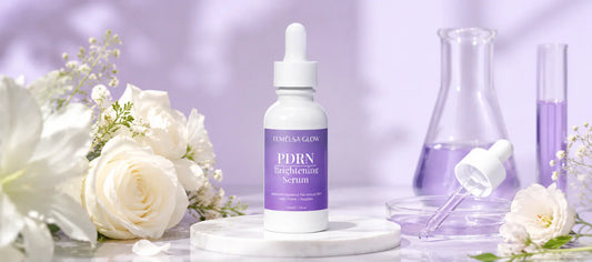 FEMELSA Glow skin brightening serum displayed on a marble surface with white flowers in a luxury skincare setting