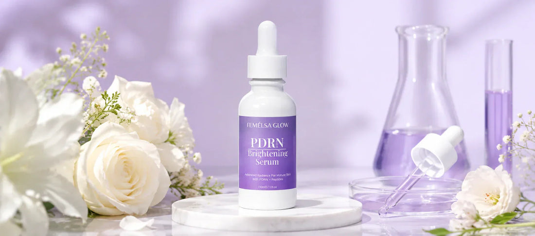 FEMELSA Glow skin brightening serum displayed on a marble surface with white flowers in a luxury skincare setting